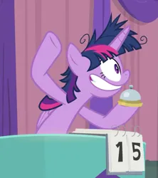Size: 961x1080 | Tagged: safe, derpibooru import, screencap, twilight sparkle, twilight sparkle (alicorn), alicorn, pony, a trivial pursuit, season 9, spoiler:s09, bell, cropped, curtains, faic, female, g4, image, mare, messy mane, png, score, shrunken pupils, smiling, solo, table, twilight snapple, twilight sparkle is best facemaker, twilighting, twilynanas
