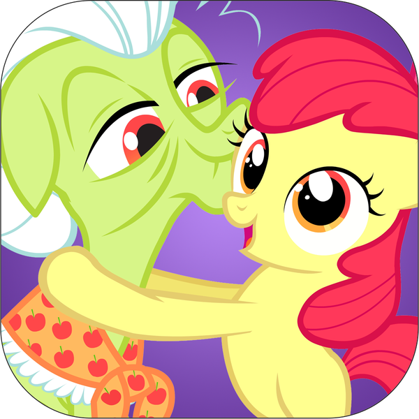 Size: 1024x1024 | Tagged: safe, derpibooru import, official, apple bloom, granny smith, earth pony, pony, app icon, clothes, duo, duo female, female, filly, foal, grandmother and grandchild, grandmother and granddaughter, granny smith's shawl, hug, image, lidded eyes, mare, my little pony: apple family, open mouth, open smile, png, ruckus media group, scarf, smiling