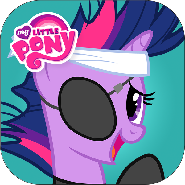 Size: 1024x1024 | Tagged: safe, derpibooru import, official, twilight sparkle, pony, unicorn, app icon, catsuit, eyepatch, female, future twilight, g4, horn, image, mare, messy mane, my little pony logo, my little pony: ts in time, open mouth, open smile, png, ruckus media group, smiling, sneaking suit, solo, unicorn twilight