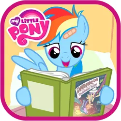 Size: 1024x1024 | Tagged: safe, derpibooru import, official, daring do, rainbow dash, pegasus, pony, read it and weep, app icon, bandaid, bed, book, daring do and the quest for the sapphire stone, female, g4, image, mare, my little pony logo, my little pony: read it & weep, on bed, one wing out, open mouth, open smile, pillow, png, reading, ruckus media group, smiling, solo, wings