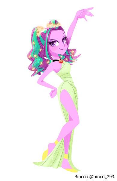 Size: 800x1232 | Tagged: safe, artist:binco_293, derpibooru import, aria blaze, equestria girls, clothes, disney, g4, greek chorus, hercules, image, jpeg, muse, pose, raised hand, simple background, solo, sparkly hair, toga, wayback machine source