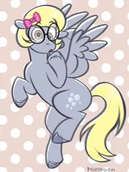 Size: 768x1024 | Tagged: safe, artist:pigeorgien, derpibooru import, derpy hooves, pegasus, pony, bow, female, flying, g4, glasses, hair bow, image, little miss whoops, mare, png, polka dot background, round glasses, short hair, solo, the mr. men show