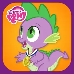 Size: 1024x1024 | Tagged: safe, derpibooru import, official, spike, dragon, equestria games (episode), app icon, fangs, g4, image, looking up, male, medal, my little pony logo, my little pony: equestria games, open mouth, open smile, png, ruckus media group, smiling, solo, tail