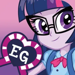 Size: 1024x1024 | Tagged: safe, derpibooru import, official, twilight sparkle, twilight sparkle (alicorn), alicorn, human, equestria girls, app icon, backpack, close-up, clothes, equestria girls (app), female, g4, glasses, gradient background, image, logo, looking at you, png, solo, twilight's professional glasses