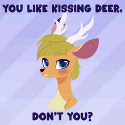 Size: 1000x1000 | Tagged: safe, artist:belka-sempai, derpibooru import, oc, oc:northlight (oleniandeer), deer, animated, antlers, blushing, boykisser, cute, ear twitch, gif, image, looking at you, solo, text