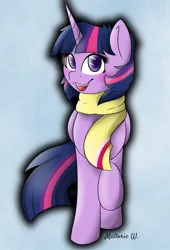 Size: 868x1280 | Tagged: safe, artist:sugarwings-art, derpibooru import, twilight sparkle, pony, clothes, cute, g4, image, jpeg, looking at you, raised hoof, scarf, smiling, solo, twiabetes