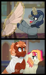 Size: 4927x7890 | Tagged: safe, artist:faitheverlasting, derpibooru import, oc, oc:faith everlasting, oc:golden flare, oc:haywire, ponified, android, pegasus, pony, robot, robot pony, unicorn, amputee, artificial wings, augmented, bandage, broken bone, broken wing, cast, colored hooves, colored wings, comic, embarrassed, feathered fetlocks, female, freckles, hiding behind wing, horn, image, injured, magic, male, mare, pegasus oc, png, prosthetic limb, prosthetic wing, prosthetics, sitting, sling, species swap, stallion, unshorn fetlocks, wings, worried
