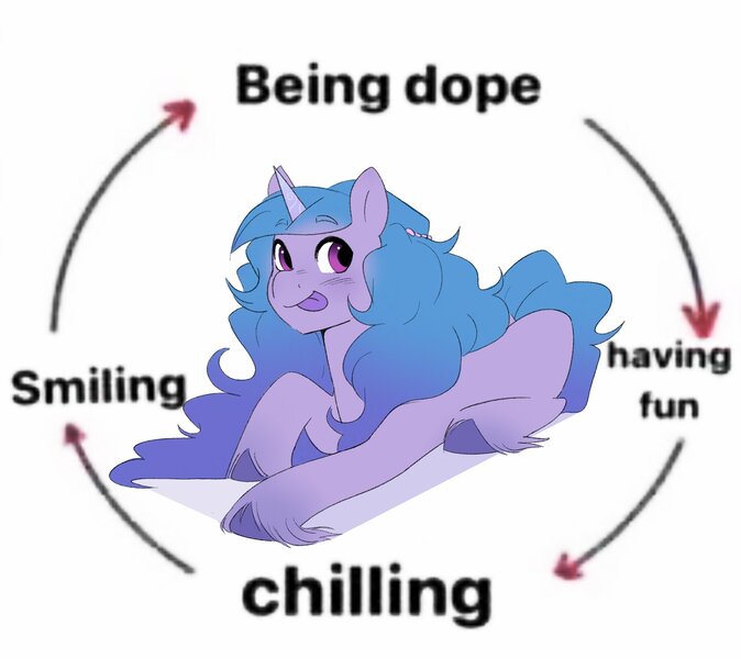 Size: 2048x1824 | Tagged: safe, artist:aztrial, derpibooru import, izzy moonbow, pony, unicorn, g5, arrow, colored hooves, horn, image, jpeg, lying down, meme, ponified meme, prone, simple background, smiling, solo, text, tongue out, unshorn fetlocks, white background
