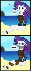 Size: 2999x6894 | Tagged: safe, artist:cardshark777, derpibooru import, equestria girls, 2 panel comic, barefoot, beach, blurry background, blushing, bondage, box tied, clothes, comic, crotch rope, feet, female, femsub, g4, gag, helpless, image, looking at you, muffled words, png, question, rope, rope bondage, sand, sitting, solo, speech bubble, submissive, swimsuit, talking, talking to viewer, tape, tape gag, toe tied, toes, water