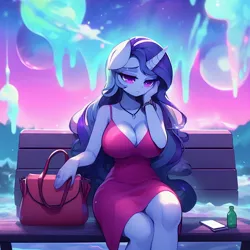 Size: 1024x1024 | Tagged: safe, ai content, derpibooru import, machine learning generated, oc, unofficial characters only, anthro, unicorn, abstract background, adorasexy, bench, big breasts, bottle, breasts, busty oc, cleavage, clothes, curvy, cute, dress, evening gown, female, frown, horn, hourglass figure, ice, image, jewelry, jpeg, looking down, mobile phone, necklace, one ear down, park bench, phone, prompter:horselover fat, purse, sad, sexy, solo, unicorn oc