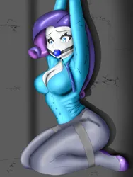 Size: 2160x2880 | Tagged: safe, artist:furgagtape, derpibooru import, rarity, human, equestria girls, arms in the air, ballgag, bondage, breasts, button-up shirt, cleavage, clothes, dress shirt, female, femsub, frogtie, g4, gag, image, jewelry, kneeling, necklace, pantyhose, png, rarisub, shirt, solo, submissive, tape, tape bondage
