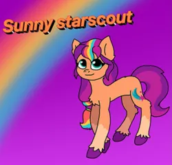 Size: 1099x1056 | Tagged: safe, artist:aaliyahthedream12, derpibooru import, sunny starscout, earth pony, g5, female, image, looking up, mane stripe sunny, name, png, rainbow, smiling, solo, standing
