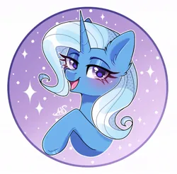 Size: 1139x1122 | Tagged: safe, artist:arllistar, derpibooru import, trixie, pony, unicorn, bust, circle background, ear fluff, female, g4, horn, image, jpeg, looking at you, mare, open mouth, solo