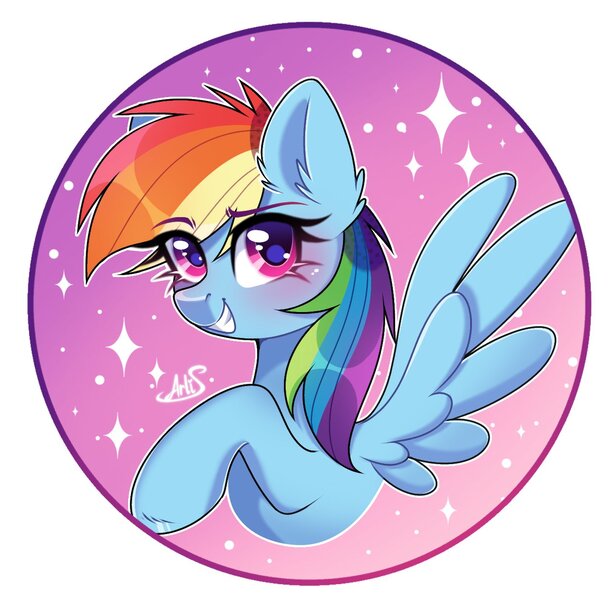 Size: 1354x1321 | Tagged: safe, artist:arllistar, derpibooru import, rainbow dash, pegasus, pony, bust, circle background, ear fluff, female, g4, grin, image, jpeg, looking at you, mare, smiling, solo, spread wings, wings