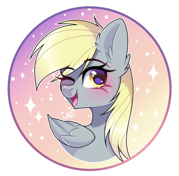 Size: 1347x1318 | Tagged: safe, artist:arllistar, derpibooru import, derpy hooves, pegasus, pony, bust, circle background, ear fluff, female, g4, image, jpeg, looking at you, mare, one eye closed, open mouth, solo, wink, winking at you