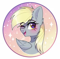 Size: 1347x1318 | Tagged: safe, artist:arllistar, derpibooru import, derpy hooves, pegasus, pony, bust, circle background, ear fluff, female, g4, image, jpeg, looking at you, mare, one eye closed, open mouth, solo, wink, winking at you
