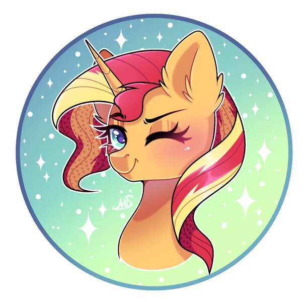 Size: 1108x1094 | Tagged: safe, artist:arllistar, derpibooru import, sunset shimmer, pony, unicorn, bust, circle background, ear fluff, female, g4, horn, image, jpeg, looking at you, mare, one eye closed, solo, wink, winking at you