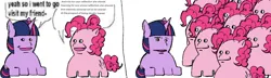 Size: 1560x449 | Tagged: safe, artist:emptygoldstudio, derpibooru import, pinkie pie, twilight sparkle, earth pony, pony, unicorn, too many pinkie pies, clone, comic, dialogue, female, g4, horn, image, mare, meme, pinkie clone, png, ponified meme, simple background, speech bubble, unicorn twilight, white background