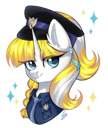 Size: 1169x1387 | Tagged: safe, artist:arllistar, derpibooru import, oc, unofficial characters only, pony, unicorn, bust, clothes, ear fluff, ear piercing, earring, female, horn, image, jewelry, jpeg, looking at you, mare, piercing, police badge, police hat, police uniform, portrait, simple background, solo, white background