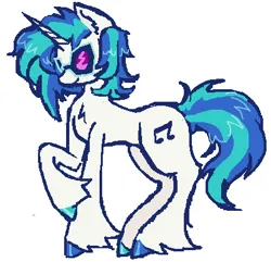 Size: 414x399 | Tagged: safe, artist:junniepiepoopop, derpibooru import, vinyl scratch, pony, unicorn, alternate design, chest fluff, colored hooves, concave belly, ear fluff, female, g4, hooves, horn, image, long mane, long tail, mare, multicolored hooves, png, raised hoof, shiny hooves, shiny mane, shiny tail, simple background, smiling, solo, standing, tail, thin, thin legs, two toned mane, two toned tail, unicorn horn, unshorn fetlocks, vinyl's glasses, white background, white coat