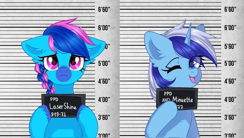 Size: 1280x721 | Tagged: safe, artist:arllistar, derpibooru import, minuette, oc, oc:laser shine, pegasus, pony, unicorn, barbie mugshot meme, braid, braided ponytail, commission, facial markings, female, horn, image, jpeg, looking at you, mare, mealy mouth (coat marking), meme, mugshot, one eye closed, ponytail, wink, winking at you, ych result