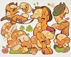Size: 5200x4200 | Tagged: safe, artist:yanyannonoz, derpibooru import, applejack, pear butter, earth pony, pony, :t, ><, apple, applejack's hat, bag, big ears, big eyes, blonde mane, blonde tail, blush scribble, blushing, bush, butt, chibi, colored eyelashes, cowboy hat, cream coat, cute, duo, duo female, emanata, eyes closed, female, filly, filly applejack, flower, flower in hair, foal, food, freckles, g4, green eyes, hat, hoof out, image, jackabetes, jpeg, lasso, leaves, leaves in hair, lidded eyes, looking at you, lying down, mare, mouth hold, multeity, one eye closed, open mouth, open smile, orange coat, orange mane, orange tail, pearabetes, plot, ponytail, profile, prone, raised hoof, raised hooves, rear view, rope, saddle bag, shiny mane, shiny tail, simple background, sitting, smiling, smiling at you, tail, tied mane, tied tail, two toned mane, two toned tail, wall of tags, white background, wingding eyes, wink, winking at you, younger