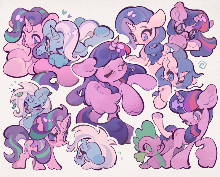 Size: 5200x4200 | Tagged: safe, artist:yanyannonoz, derpibooru import, rarity, spike, starlight glimmer, trixie, twilight sparkle, twilight sparkle (alicorn), alicorn, dragon, pony, unicorn, big ears, big eyes, blue coat, blue eyes, blue mane, blue tail, blush scribble, blushing, chibi, colored eyebrows, cuddling, duality, ear blush, emanata, eyes closed, female, floating heart, floppy ears, frown, g4, glasses, glomp, gradient legs, gray background, group, heart, holding pillow, hoof hold, horn, image, jpeg, leaves in mane, lesbian, letter, looking at each other, looking at someone, male, mare, messy mane, multicolored mane, multicolored tail, narrowed eyes, one eye closed, open mouth, open smile, partially open wings, pillow, pink coat, purple coat, purple eyes, purple mane, purple tail, quintet, raised hoof, rearing, scroll, shiny mane, shiny tail, shipping, simple background, smiling, smiling at each other, standing, startrix, sweat, sweatdrop, tail, thick eyelashes, triality, two toned mane, two toned tail, underhoof, unicorn horn, unicorn twilight, unshorn fetlocks, wall of tags, white coat, wingding eyes, wings