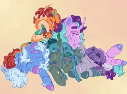 Size: 1822x1339 | Tagged: safe, artist:tottallytoby, derpibooru import, maud pie, queen chrysalis, starlight glimmer, sunburst, trixie, changeling, changeling queen, earth pony, pony, unicorn, a better ending for chrysalis, alternate design, alternate hairstyle, alternate tailstyle, alternate universe, beanbrows, blaze (coat marking), blue coat, blue mane, blue tail, blush scribble, blushing, butt fluff, clothes, coat markings, colored eartips, colored eyebrows, colored hooves, colored horn, colored mouth, colored muzzle, colored pinnae, curled up, curly mane, curved horn, dot eyes, dress, ear fluff, ear freckles, ear piercing, earring, eye clipping through hair, eyebrows, eyebrows visible through hair, eyes closed, eyeshadow, facial markings, female, fetlock tuft, floppy ears, freckles, g4, gradient background, gray coat, green eyes, group, horn, image, jewelry, leg fluff, leonine tail, looking down, lying down, makeup, male, mare, mealy mouth (coat marking), missing accessory, one eye open, open mouth, orange coat, piercing, pink coat, png, prone, purple eyes, purple mane, quintet, raised hoof, shiny hooves, short mane, sitting, sleep pile, sleeping, sleeping together, socks (coat marking), splotches, stallion, straight mane, tail, thick eyebrows, tunic, twitterina design, two toned mane, unicorn horn, wall of tags, yawn