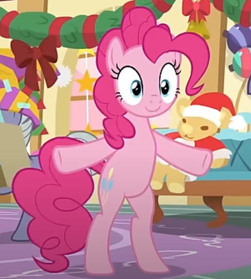 Size: 499x556 | Tagged: safe, derpibooru import, screencap, limestone pie, pinkie pie, earth pony, pony, best gift ever, bipedal, cropped, female, image, mare, png, solo, sugarcube corner