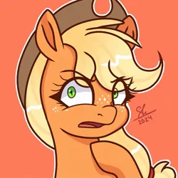 Size: 1280x1280 | Tagged: safe, artist:galaxy swirl, derpibooru import, applejack, earth pony, pony, applejack's hat, cowboy hat, flowing mane, freckles, g4, green eyes, hat, image, jpeg, looking at you, offended, orange background, orange coat, orange mane, ponytail, signature, simple background