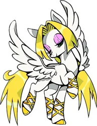 Size: 997x1290 | Tagged: safe, artist:stacy_165cut, derpibooru import, oc, oc:golden apple, unofficial characters only, pegasus, pony, blonde mane, blonde tail, bracelet, colored hooves, countershading, eyelashes, eyeshadow, female, gold hooves, gold jewelry, green eyes, hooves, image, jewelry, jpeg, lidded eyes, long mane, long tail, makeup, mare, pegasus oc, prancing, raised hoof, raised leg, shiny hooves, shiny mane, shiny tail, simple background, smiling, solo, spread wings, standing, tail, white background, wing fluff, wings, yellow mane, yellow tail