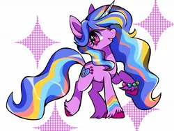 Size: 1600x1200 | Tagged: safe, artist:stacy_165cut, derpibooru import, izzy moonbow, pony, unicorn, g5, alternate hair color, alternate tail color, colored hooves, colored horn, colored pinnae, countershading, female, halftone, horn, image, jpeg, looking back, mare, multicolored mane, multicolored tail, prancing, profile, purple coat, purple eyes, raised hoof, raised leg, shiny mane, shiny tail, simple background, smiling, solo, sparkles, standing, stripes, tail, unicorn horn, unshorn fetlocks, wavy mane, wavy tail, white background, wingding eyes