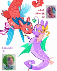 Size: 2000x2500 | Tagged: safe, artist:cracklewink, derpibooru import, sealight, wavedancer, pony, sea pony, g1, alternate design, beanbrows, blush sticker, blushing, boop, bow, bracelet, colored eyebrows, colored pinnae, duo, duo female, eyebrows, female, freckles, hair bow, image, jewelry, jpeg, looking at each other, looking at someone, lure, mare, noseboop, ribbon, shiny eyes, simple background, smiling, starry eyes, text, toy interpretation, white background, wingding eyes