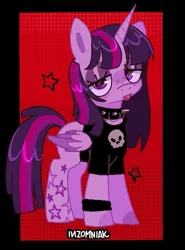 Size: 661x894 | Tagged: safe, artist:inzomniak, derpibooru import, twilight sparkle, twilight sparkle (alicorn), alicorn, alternate cutie mark, alternate hairstyle, alternate tailstyle, black sclera, black shirt, bracelet, choker, colored wings, g4, goth, horn, image, jewelry, jpeg, long mane, looking at you, purple coat, purple eyes, red background, simple background, stars, tail, title card, tongue out, two toned mane, two toned tail, two toned wings, wings