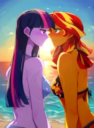 Size: 992x1344 | Tagged: safe, ai content, derpibooru import, editor:masterdarhil, machine learning generated, sunset shimmer, twilight sparkle, equestria girls, beach, bikini, blushing, close-up, clothes, female, g4, image, imminent kissing, jpeg, lesbian, long hair, outdoors, photoshop, prompter:sammykun, recolor, shadow, shipping, side view, sunset, sunsetsparkle, swimsuit, two-piece swimsuit