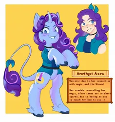 Size: 1902x2011 | Tagged: safe, artist:aloe_soda, derpibooru import, ponified, human, pony, unicorn, abigail (stardew valley), choker, clothes, female, horn, image, jpeg, leonine tail, looking at you, rearing, smiling, smiling at you, stardew valley, tail, text, vest