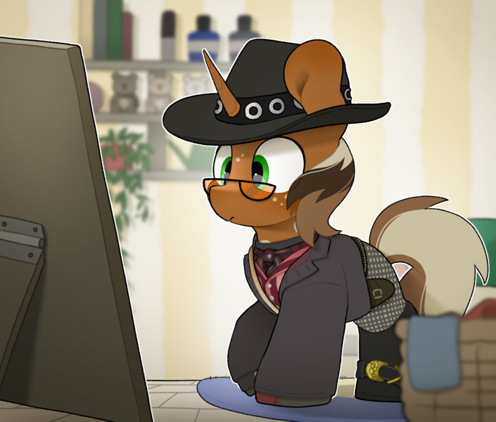 Size: 3420x2912 | Tagged: safe, artist:mochi_nation, derpibooru import, oc, oc:macchiato, clothes, commission, costume, cowboy hat, hat, image, looking at mirror, male, png, solo, ych result, your character here