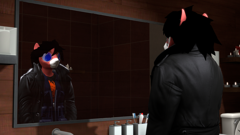 Size: 3840x2160 | Tagged: safe, artist:sorencreatesthings, derpibooru import, oc, unofficial characters only, anthro, pegasus, 3d, bathroom, clothes, cosplay, costume, deus ex, image, jc denton, mirror, png, solo