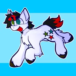 Size: 1600x1600 | Tagged: safe, artist:electronicfurbymusic, derpibooru import, ponified, pony, unicorn, awsten knight, blue background, dyed mane, dyed tail, grin, happy, heterochromia, horn, image, leaping, open mouth, png, simple background, smiling, solo, tail, two toned mane, two toned tail, unshorn fetlocks, waterparks