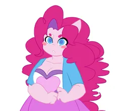 Size: 693x611 | Tagged: safe, artist:channydraws, derpibooru import, pinkie pie, anthro, earth pony, pony, blush sticker, blushing, breasts, busty pinkie pie, cleavage, clothes, colored pupils, equestria girls outfit, female, image, looking at you, mare, png, simple background, solo, white background
