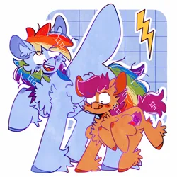 Size: 1280x1280 | Tagged: safe, artist:duskstars, derpibooru import, rainbow dash, scootaloo, pegasus, pony, :p, duo, duo female, eye clipping through hair, eyebrows, eyebrows visible through hair, female, filly, fluffy, foal, g4, image, jpeg, mare, open mouth, smiling, sparkles, spread wings, starry eyes, tongue out, unshorn fetlocks, wingding eyes, wings