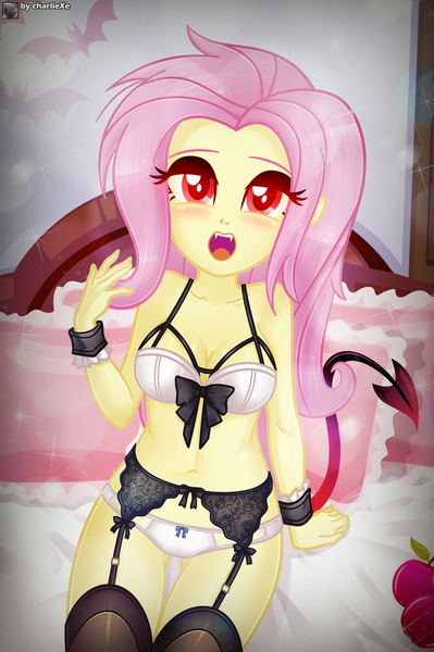 Size: 2181x3276 | Tagged: suggestive, artist:charliexe, derpibooru import, fluttershy, human, succubus, equestria girls, 2d, apple, bed, bedroom eyes, belly button, bra, breasts, busty fluttershy, cleavage, clothes, devil tail, eyeshadow, fangs, food, g4, glow, glowing eyes, image, indoors, jpeg, lingerie, makeup, midriff, open mouth, panties, pillow, solo, tail, underwear