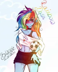 Size: 935x1169 | Tagged: safe, artist:black__dash_, derpibooru import, rainbow dash, human, equestria girls, blushing, bra, bra strap, breasts, choker, cleavage, clothes, cutie mark, cutie mark on clothes, date (time), ear piercing, earring, eye clipping through hair, eyebrows, eyebrows visible through hair, female, football, g4, image, jewelry, jpeg, looking at you, midriff, name, piercing, shorts, signature, smiling, smiling at you, solo, sports, underwear, wristband