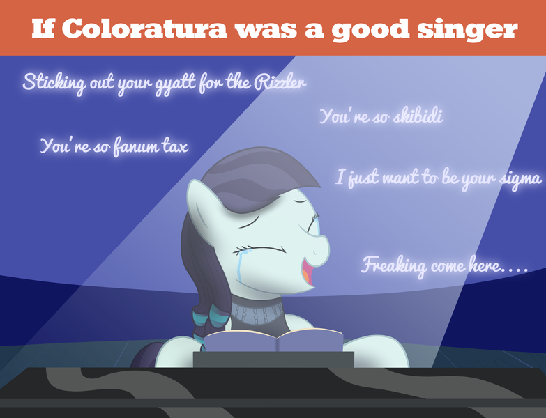 Size: 3000x2300 | Tagged: safe, artist:mightyshockwave, derpibooru import, coloratura, crying, image, meme, musical instrument, piano, png, shitposting, spotlight, tears of joy, text