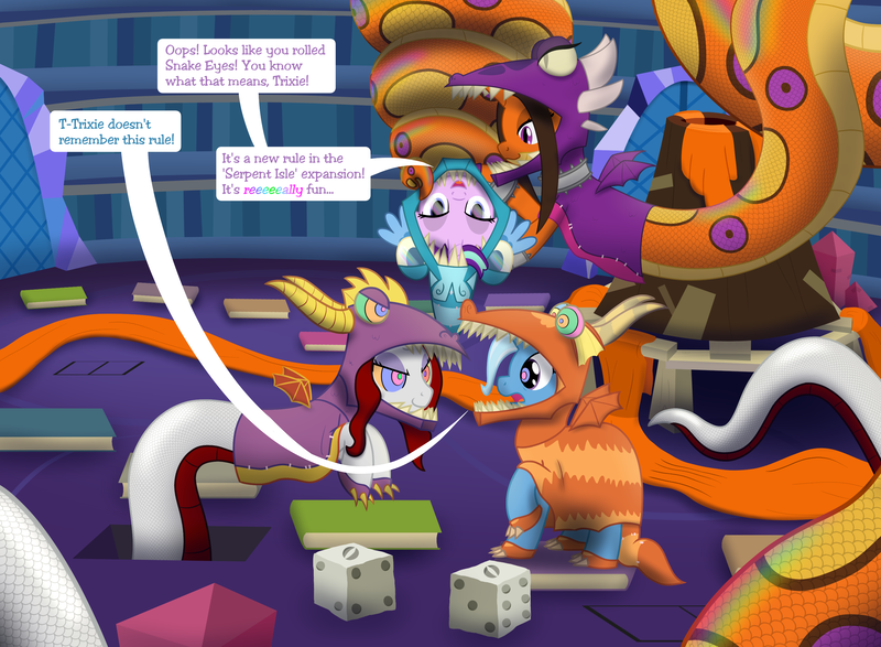 Size: 3000x2200 | Tagged: questionable, artist:mightyshockwave, derpibooru import, starlight glimmer, trixie, oc, oc:lumo, oc:ruby scales, lamia, original species, board game, clothes, coils, costume, dragon pit, high res, image, implied mind control, mind control, png, slit eyes, slit pupils, snake eyes, speech bubble