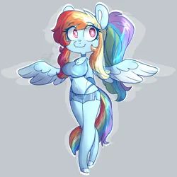 Size: 1080x1080 | Tagged: safe, artist:gummygoatgalaxy, derpibooru import, rainbow dash, anthro, pegasus, unguligrade anthro, alternate hairstyle, arm behind back, belly button, big breasts, breasts, busty rainbow dash, choker, clothes, eyebrows, eyebrows visible through hair, female, g4, gray background, hot pants, image, midriff, outline, panties, png, ponytail, signature, simple background, smiling, solo, spread wings, thong, underwear, white pupils, wings