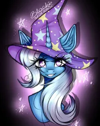 Size: 1005x1256 | Tagged: safe, artist:black__dash_, derpibooru import, trixie, pony, unicorn, bust, clothes, date (time), eye clipping through hair, female, g4, hat, horn, image, jpeg, looking at you, mare, signature, smiling, smiling at you, solo, stars, trixie's hat