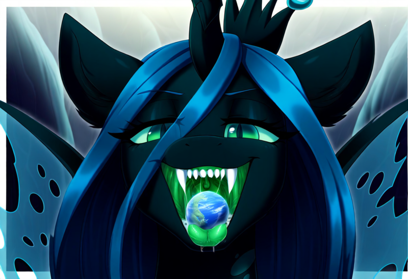 Size: 1216x832 | Tagged: questionable, ai content, derpibooru import, machine learning generated, novelai, stable diffusion, queen chrysalis, changeling, changeling queen, bust, chitin, chrysalispred, close-up, devious smile, female, giantess, giga, green eyes, image, looking at you, macro, open mouth, planet, png, portrait, prompt in description, sharp teeth, solo, solo female, teeth, throat, vore