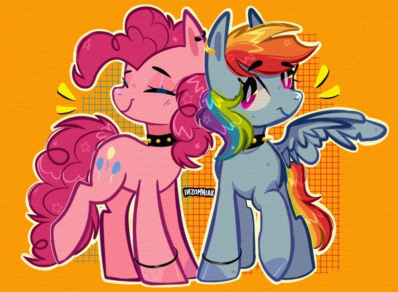 Size: 1552x1136 | Tagged: safe, artist:inzomniak, derpibooru import, part of a set, pinkie pie, rainbow dash, earth pony, pegasus, pony, choker, curly mane, curly tail, ear piercing, eyes closed, female, g4, goth, happy, image, jpeg, looking at each other, looking at someone, mare, multicolored mane, multicolored tail, orange background, piercing, purple eyes, signature, simple background, smiling, smiling at each other, spanish description, spread wings, tail, unshorn fetlocks, wings
