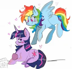 Size: 2048x1978 | Tagged: safe, artist:billtism, derpibooru import, rainbow dash, twilight sparkle, pegasus, pony, unicorn, blushing, duo, female, floating heart, flying, heart, heart eyes, image, jpeg, lesbian, mare, reading, shipping, simple background, twidash, unicorn twilight, white background, wingding eyes